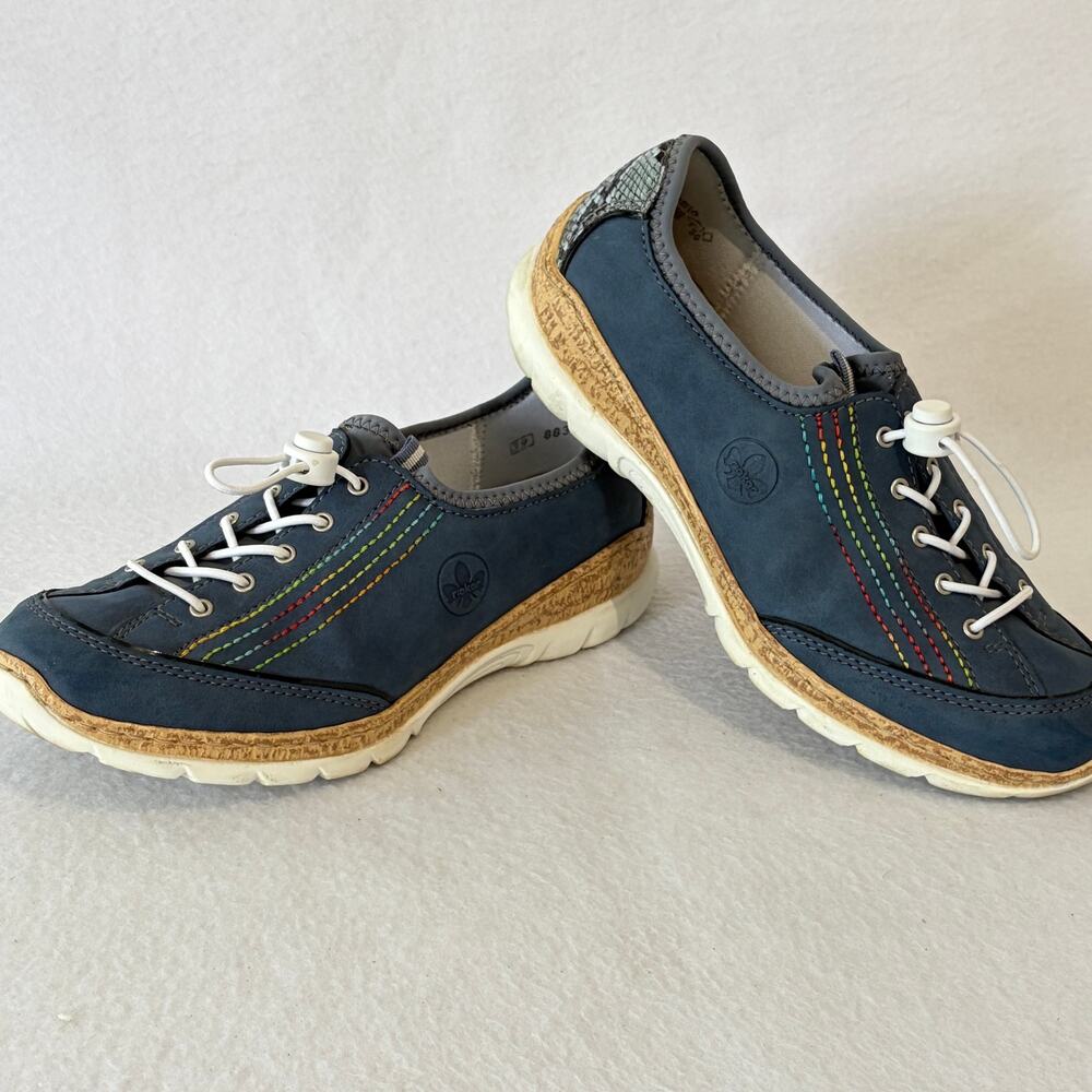 Rieker Sneakers Cork Midsole Navy Leather Womens Size US 8 EU 39 Shoes N42T0-14